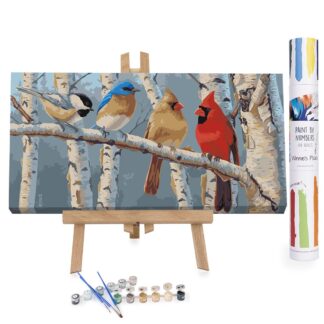 Adults Paint-by-Numbers in Tube - Birds Line Up on Birch Tree