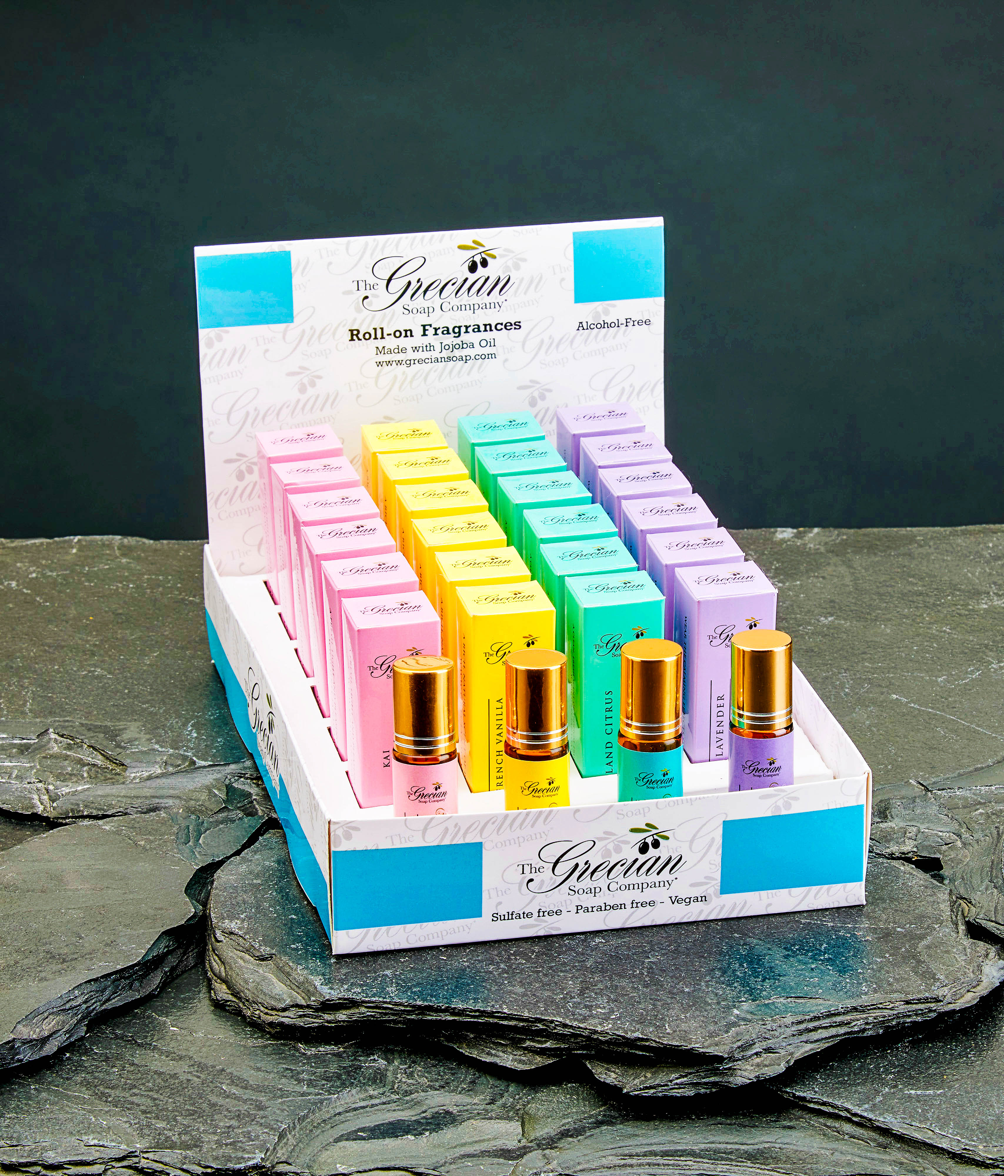 Roll-on Fragrance display with 6 ea. of 4 fragrances plus testers