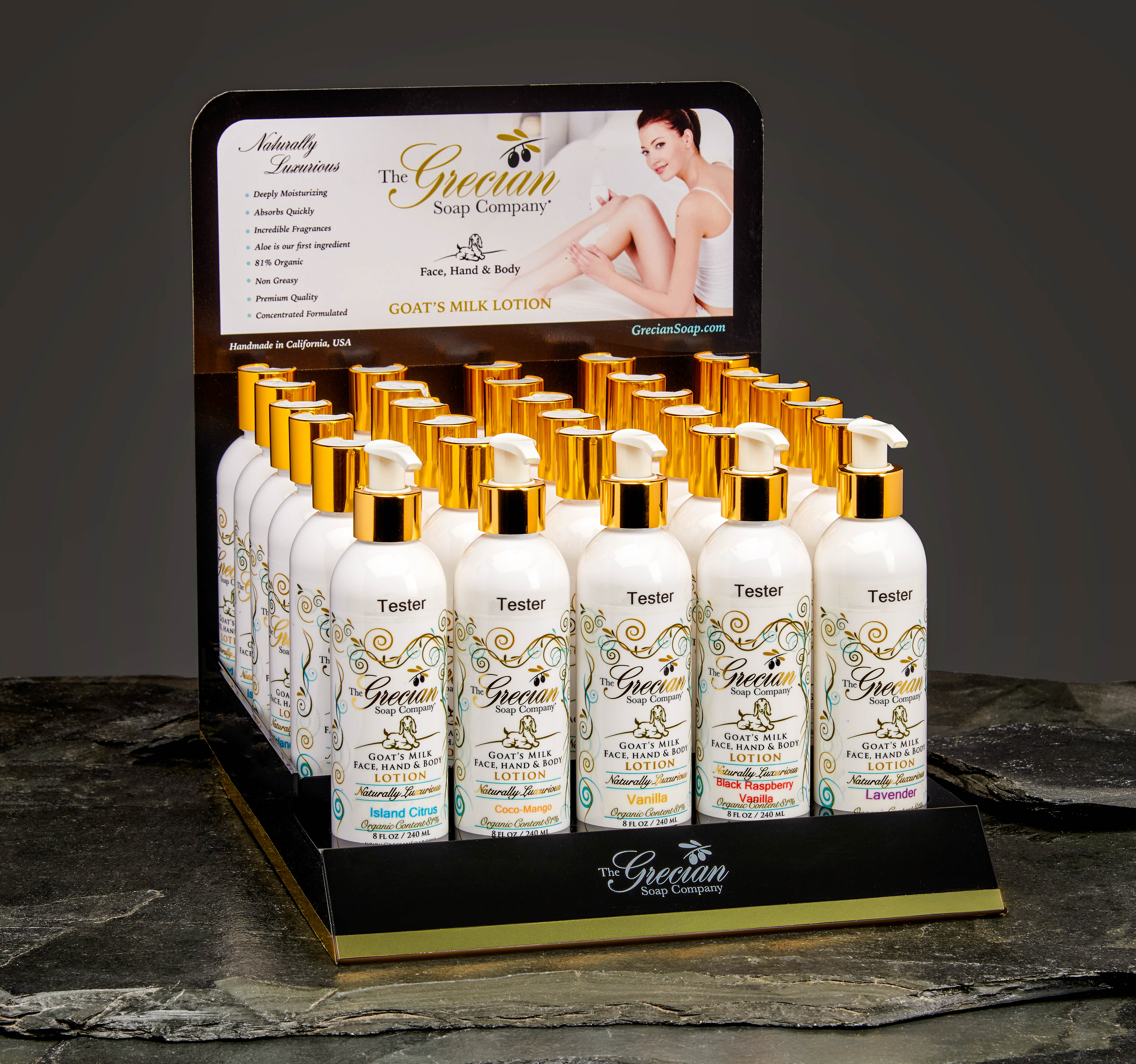 Organic Goat's Milk Lotion w/Display 4ea. of 5 frag plus testers & 5 free bottles