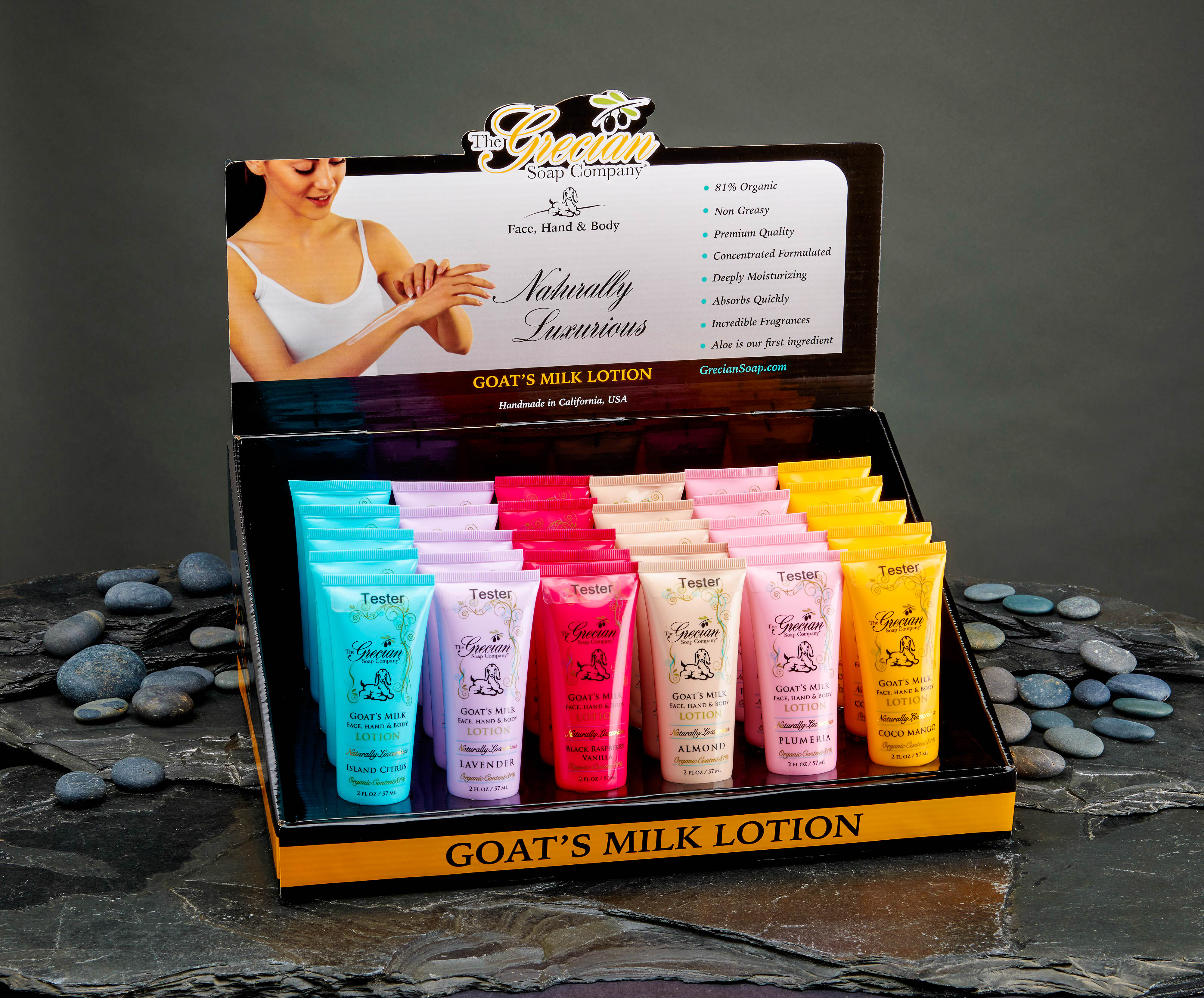 Lotion Tube Display with 12 of 6 fragrances & testers plus 4 free